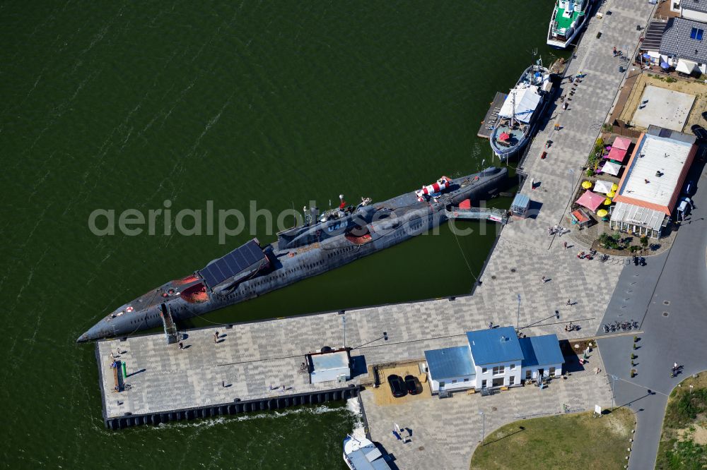 Aerial photograph Peenemünde - Overlooking the historic harbor Peenemuende with the Russian submarine U-461