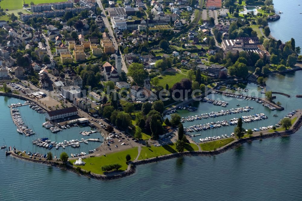 Romanshorn from above - View of the harbour of Romanshorn in the canton Thurgovia in the Switzerland. Furthermore you can see the Catholic Church of Romanshorn