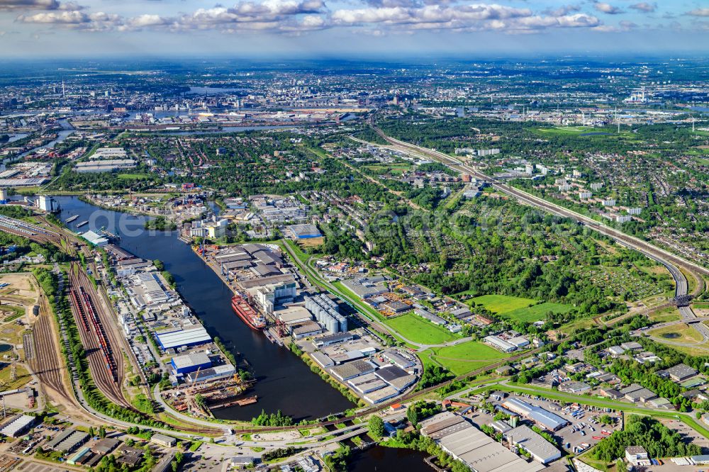 Hamburg from above - Harbor loading station for solid and bulk goods from HABEMEA Futtermittel Gmbh in the harbor area in Wilhelmsburg in Hamburg, Germany