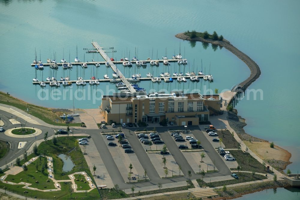 Grosspösna from above - Port facility at the resort Lagovida on the Magdeborner peninsula in the reclamation area Neuseenland Stoermthaler lake at Grosspoesna in Saxony