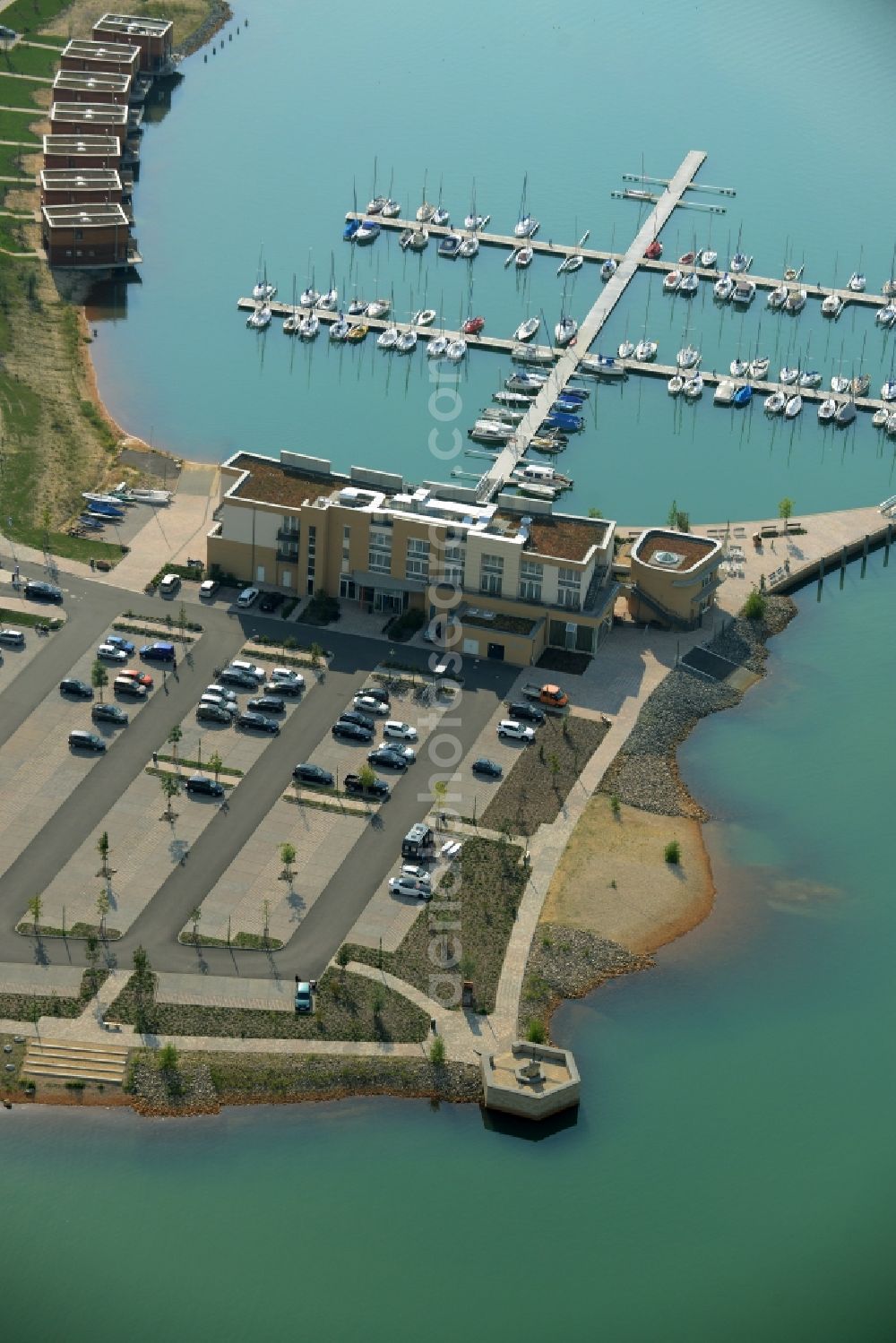 Aerial image Grosspösna - Port facility at the resort Lagovida on the Magdeborner peninsula in the reclamation area Neuseenland Stoermthaler lake at Grosspoesna in Saxony