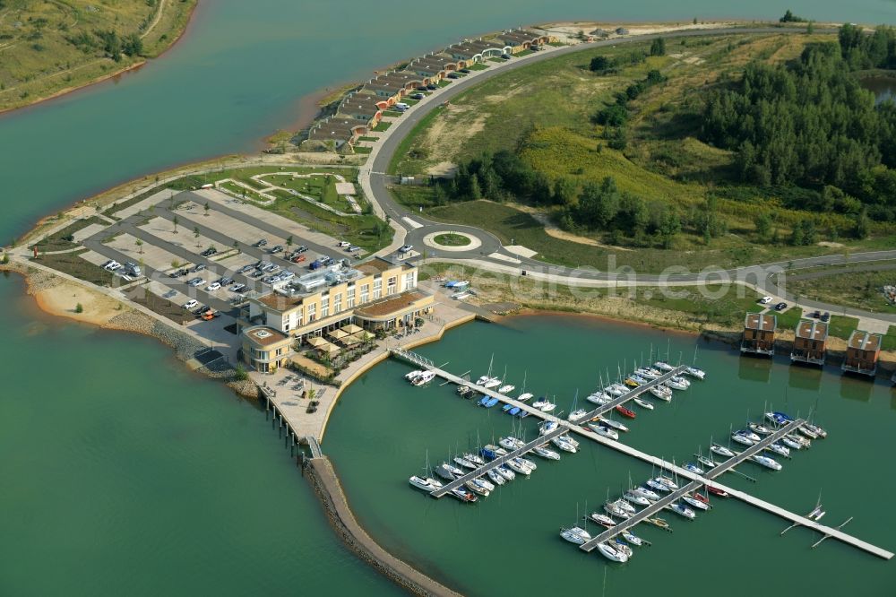 Grosspösna from above - Port facility at the resort Lagovida on the Magdeborner peninsula in the reclamation area Neuseenland Stoermthaler lake at Grosspoesna in Saxony