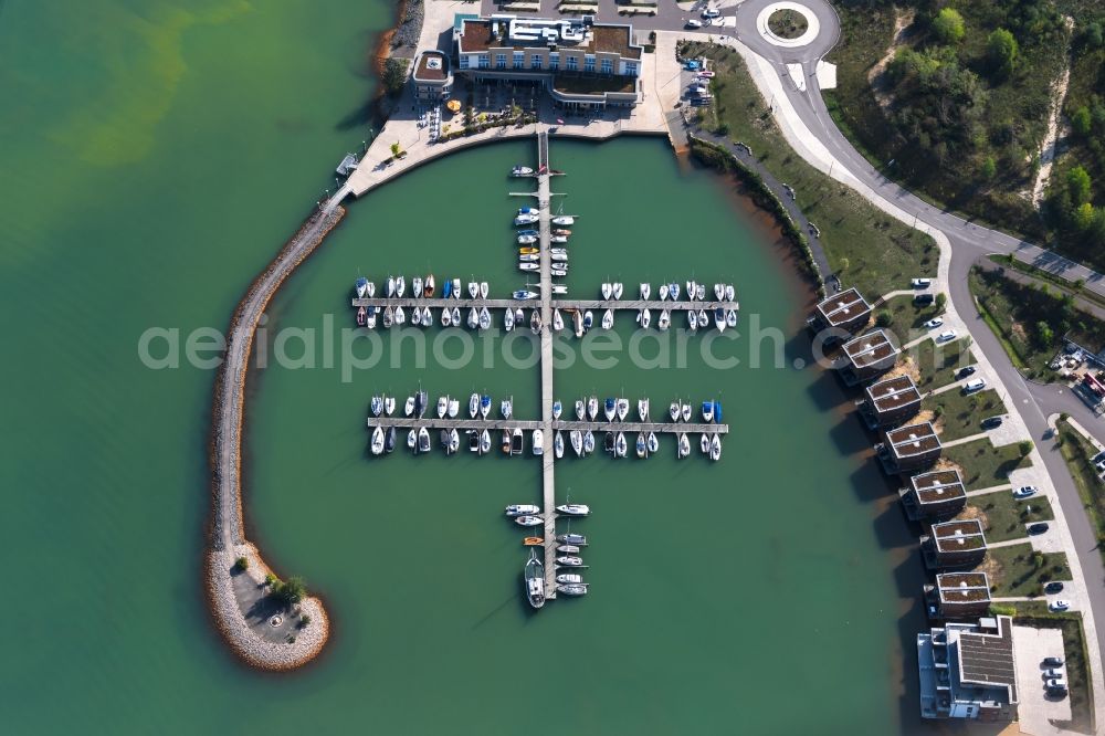 Großpösna from above - Port facility at the resort Lagovida on the Magdeborner peninsula in the reclamation area Neuseenland Stoermthaler lake at Grosspoesna in Saxony