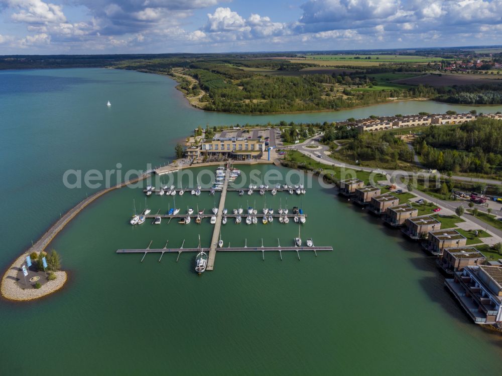 Großpösna from above - Port facility at the resort Lagovida on the Magdeborner peninsula in the reclamation area Neuseenland Stoermthaler lake at Grosspoesna in Saxony