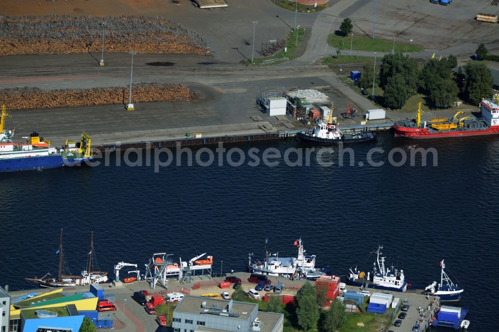 Rostock from above - Harbour - port at the Alter Hafen at the Unterwarnow in the district Marienehe in Rostock in the state Mecklenburg - Western Pomerania. Also shown the research ship of the Leibnitz- Institut fuer Ostseeforschung Warnemuende Elisabeth Mann Borgese