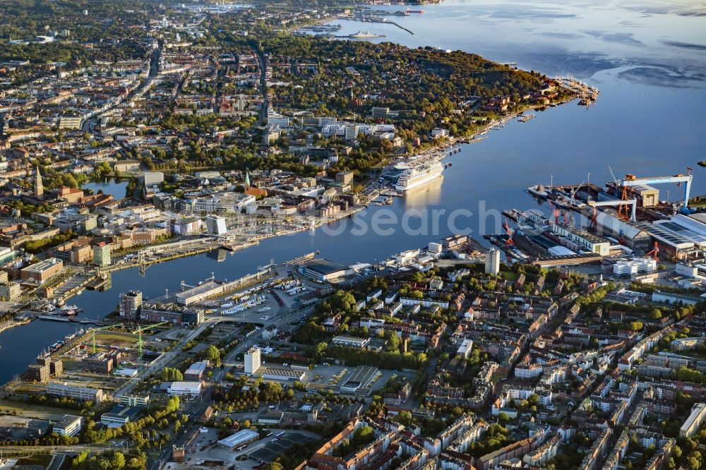 Kiel from above - Docks with office building and freight forwarding and logistics companies in Kiel in the state Schleswig-Holstein