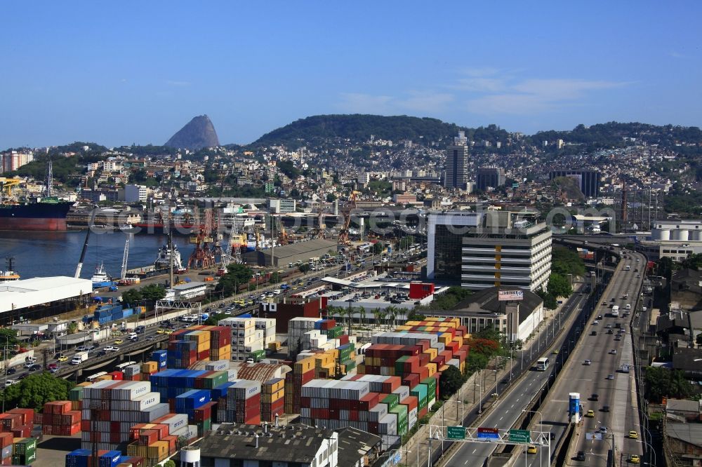 Rio de Janeiro from above - Port facilities and container terminals with the way the highway Ponte Rio-Niteroi in Rio de Janeiro in Brazil