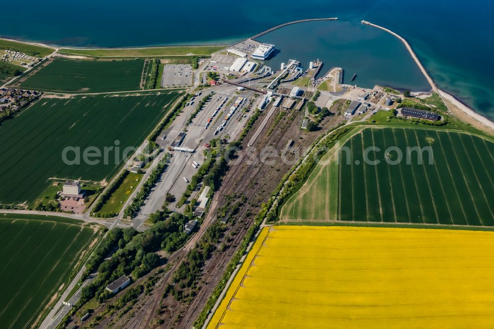 Aerial image Fehmarn - Port facilities with ferry port and terminal and train station in Puttgarden on Fehmarn in the state Schleswig-Holstein, Germany