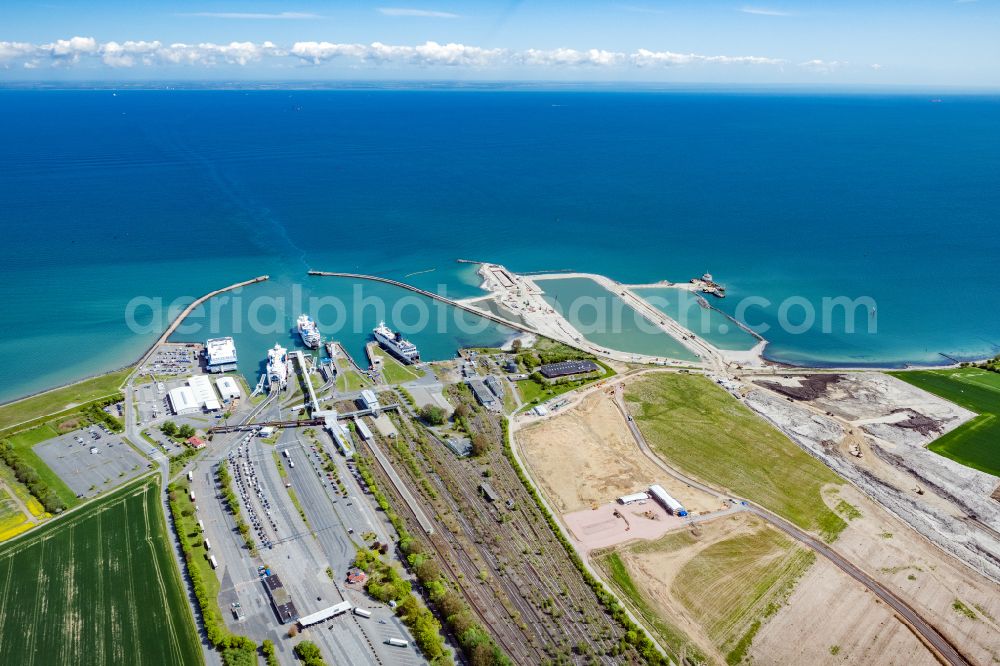 Aerial image Fehmarn - Port facilities of the ferry port and construction site for the construction of the Fehmarnbelt Tunnel in Puttgarden on Fehmarn in the state Schleswig-Holstein, Germany