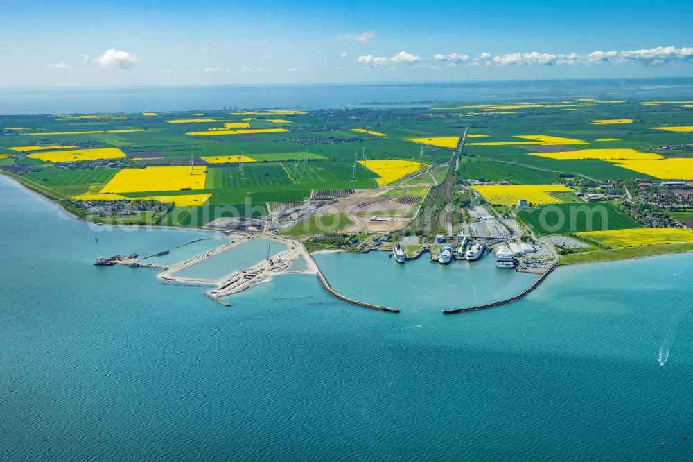 Aerial image Fehmarn - Port facilities of the ferry port and construction site for the construction of the Fehmarnbelt Tunnel in Puttgarden on Fehmarn in the state Schleswig-Holstein, Germany