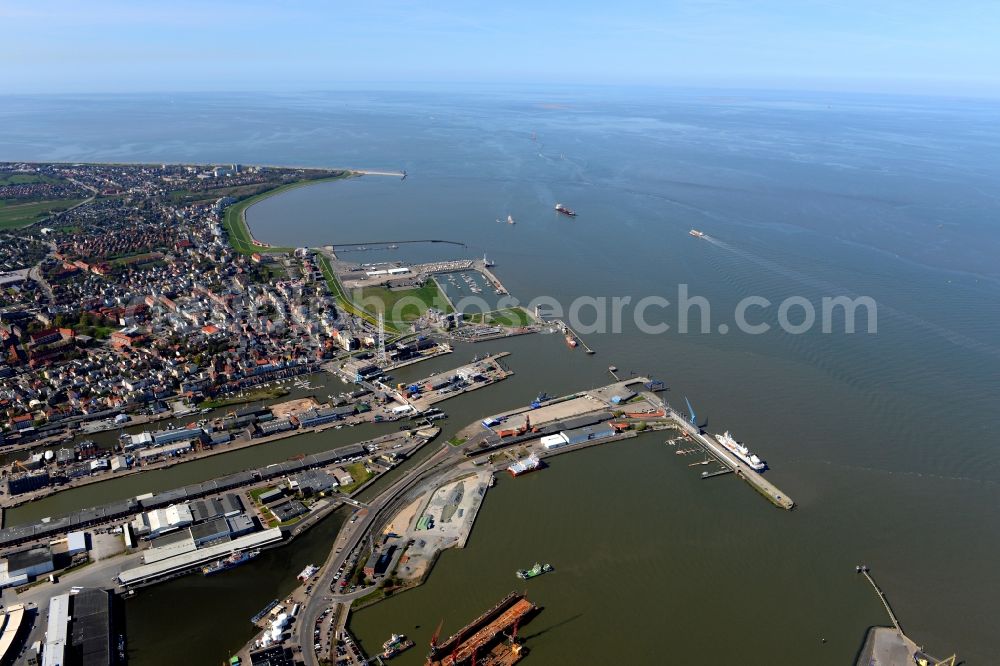 Cuxhaven from above - Docks and terminals of the harbour at the mouth of the river Elbe in Cuxhaven in the state of Lower Saxony