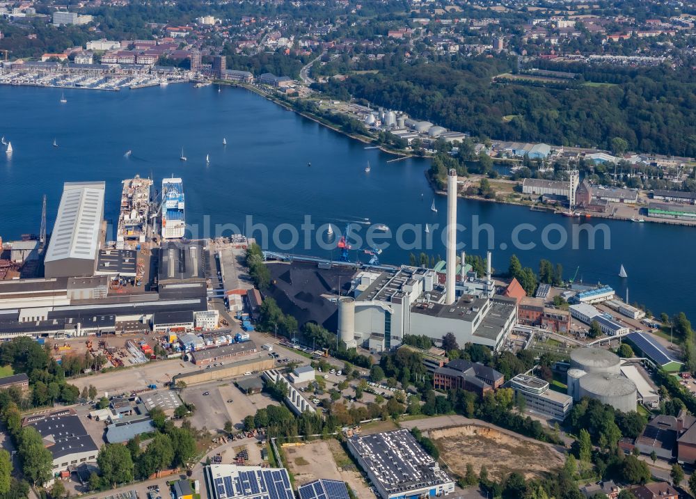 Flensburg from above - Port facilities - power plant and shipyard - on the sea coast in Flensburg in the state Schleswig-Holstein, Germany