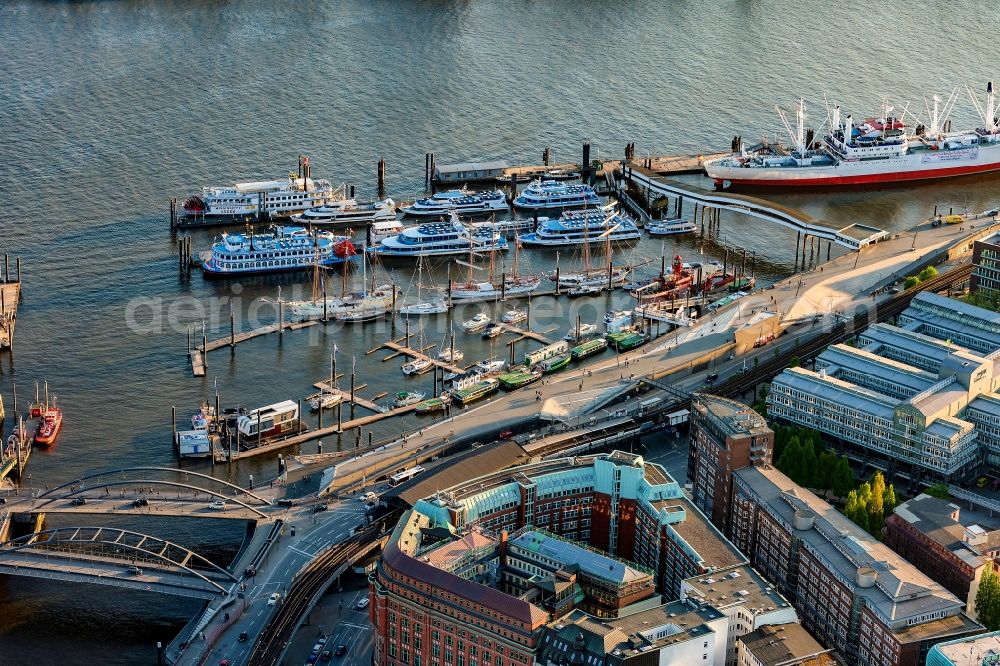 Hamburg from above - Port facilities and jetties sunset in St.Pauli on the banks of the river course of the of the River Elbe in Hamburg, Germany