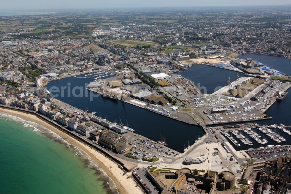 Aerial image Saint-Malo - Port facilities on the seashore of the northern channel coast of Brittany in Saint-Malo in Brittany, France