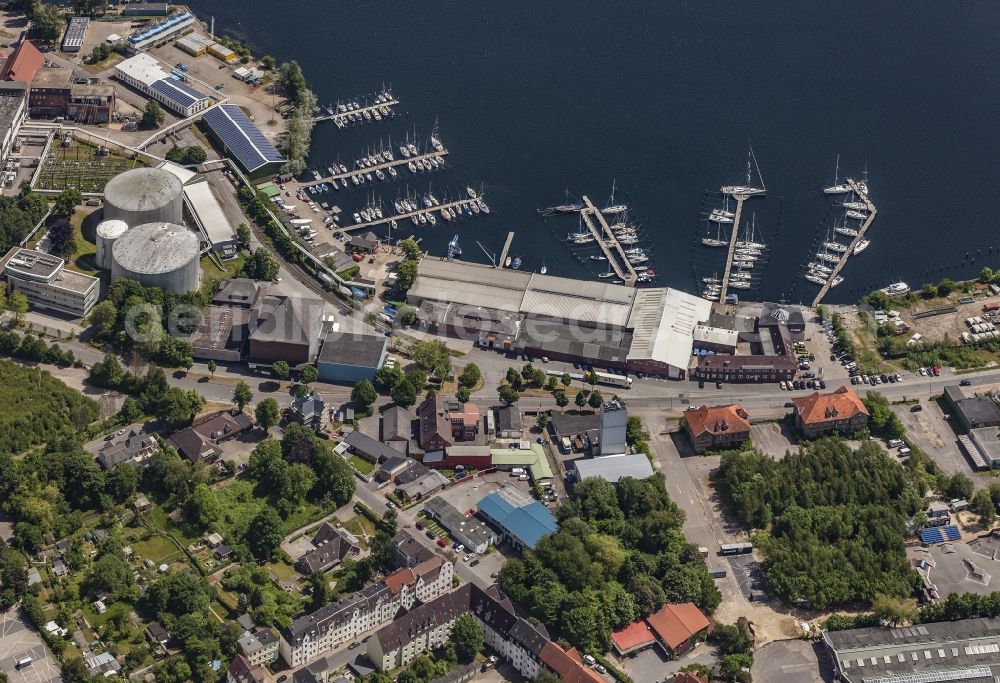 Flensburg from above - Port facilities on the seashore of the Flensburger Foerde in the Galwik in Flensburg in the state Schleswig-Holstein, Germany