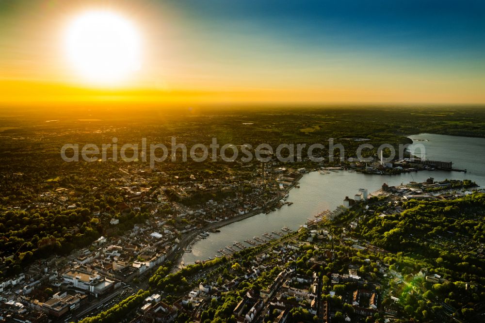 Aerial image Flensburg - Port facilities on the sea coast of the Flensburg Fjord with a power plant and marina in the sunset in Galwik in Flensburg in the state Schleswig-Holstein, Germany