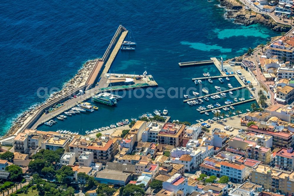 Es Pelats from above - Port facilities on the seashore of the port Cala Rajada in Es Pelats in Balearic island of Mallorca, Spain