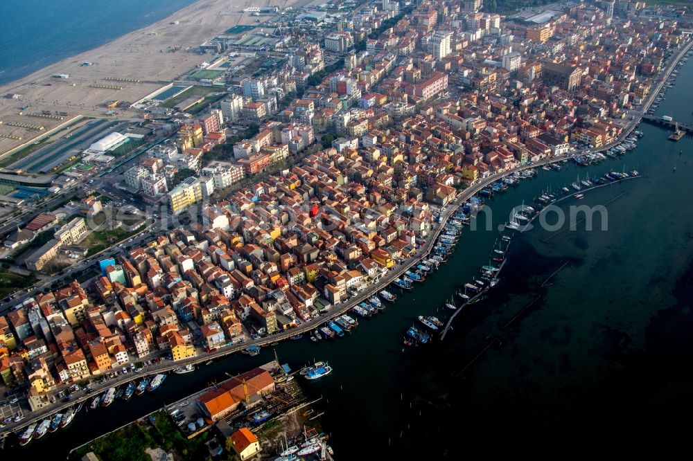 Aerial photograph Chioggia - Port facilities on the seashore of the Lagune von Venedig in the district Sottomarina in Chioggia in Veneto, Italy