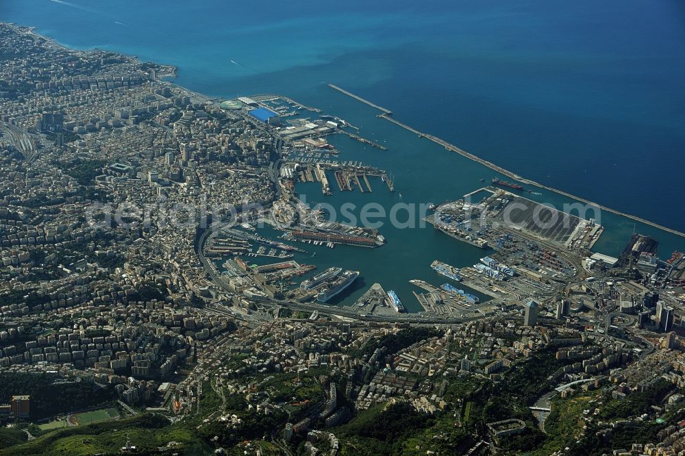 Genua from above - Port facilities on the seashore of the Mediterranean Sea in Genova in Ligurien, Italy