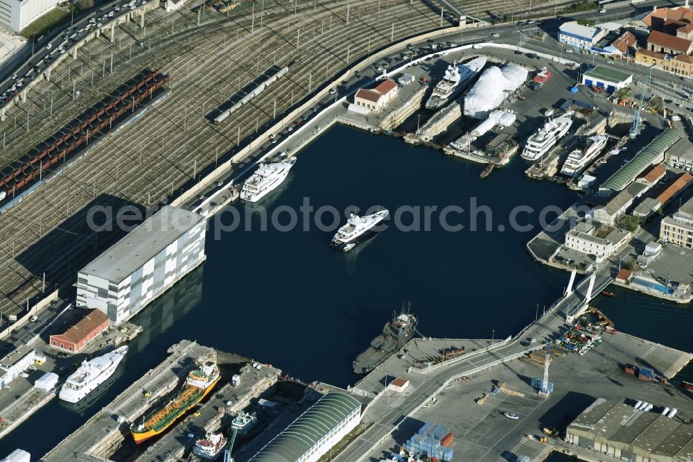 Aerial photograph Marseille - Port facilities on the seashore of the Mediterranean Sea in Marseille in Provence-Alpes-Cote d'Azur, France