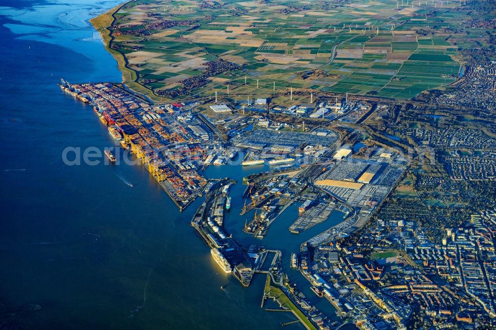 Aerial image Bremerhaven - Port facilities on the seashore of the North Sea in Bremerhaven in the state Bremen, Germany