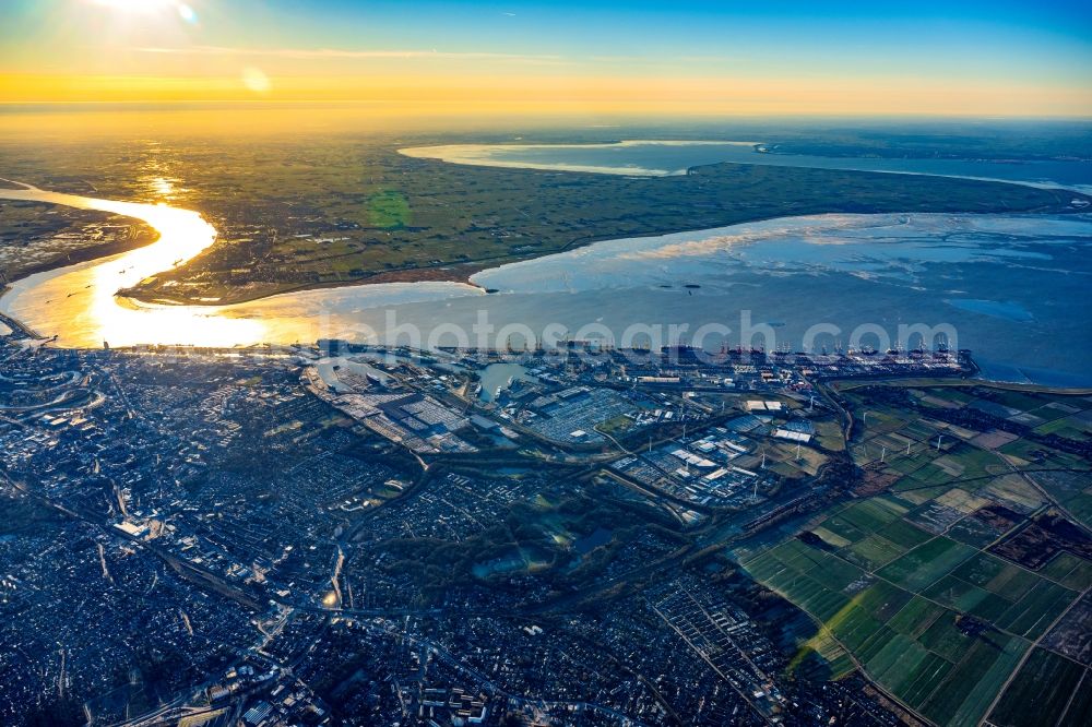 Bremerhaven from above - Port facilities on the seashore of the North Sea in Bremerhaven in the state Bremen, Germany