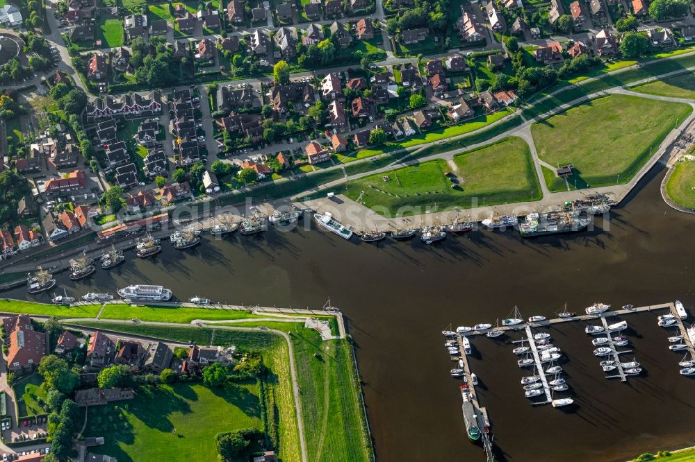 Greetsiel from above - Port facilities on the seashore of the North Sea in Greetsiel in the state Lower Saxony, Germany