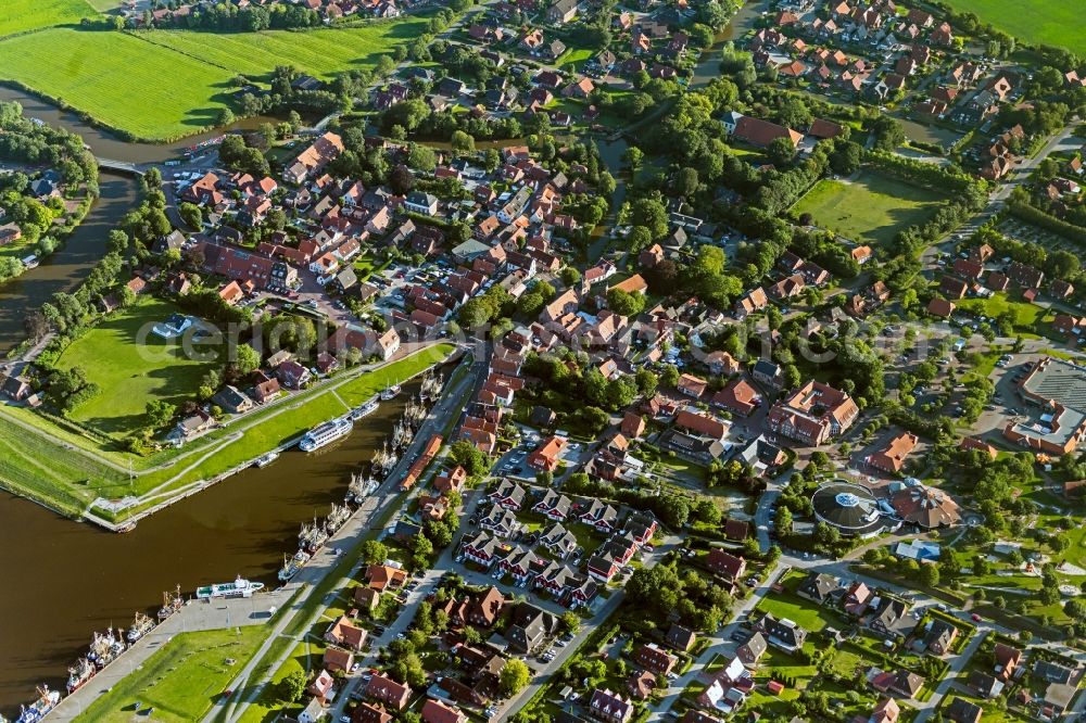 Greetsiel from the bird's eye view: Port facilities on the seashore of the North Sea in Greetsiel in the state Lower Saxony, Germany