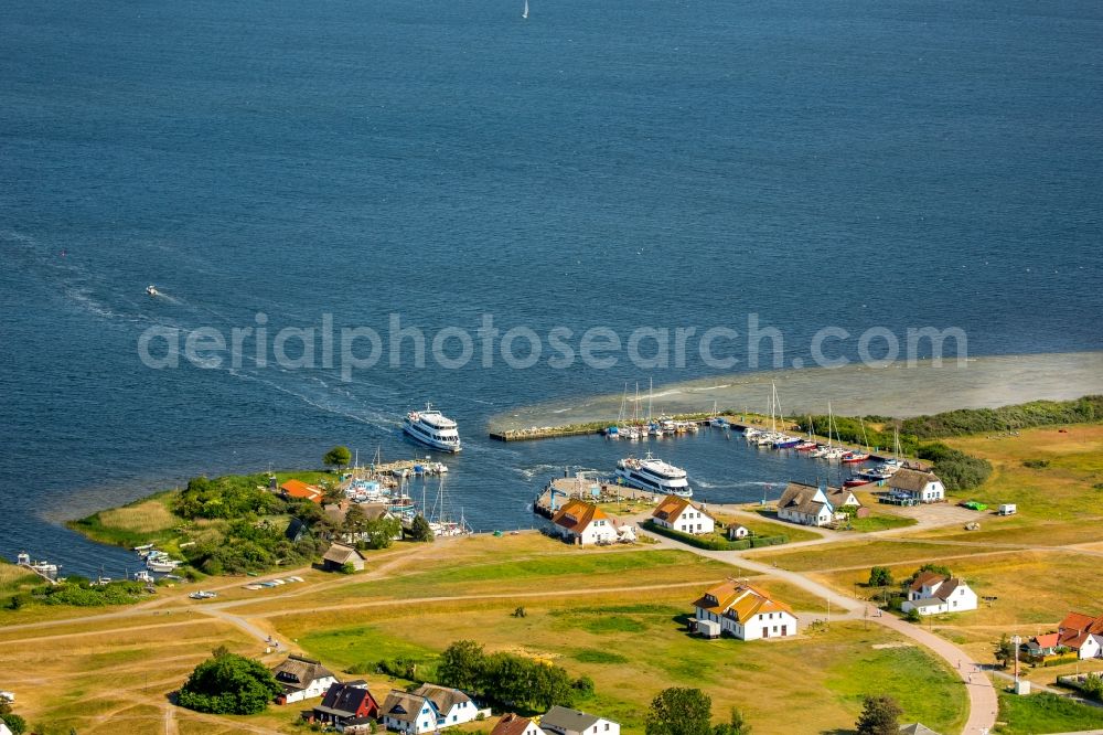 Insel Hiddensee from above - Port facilities on the seashore of the Baltic Sea in the district Neuendorf in Insel Hiddensee in the state Mecklenburg - Western Pomerania