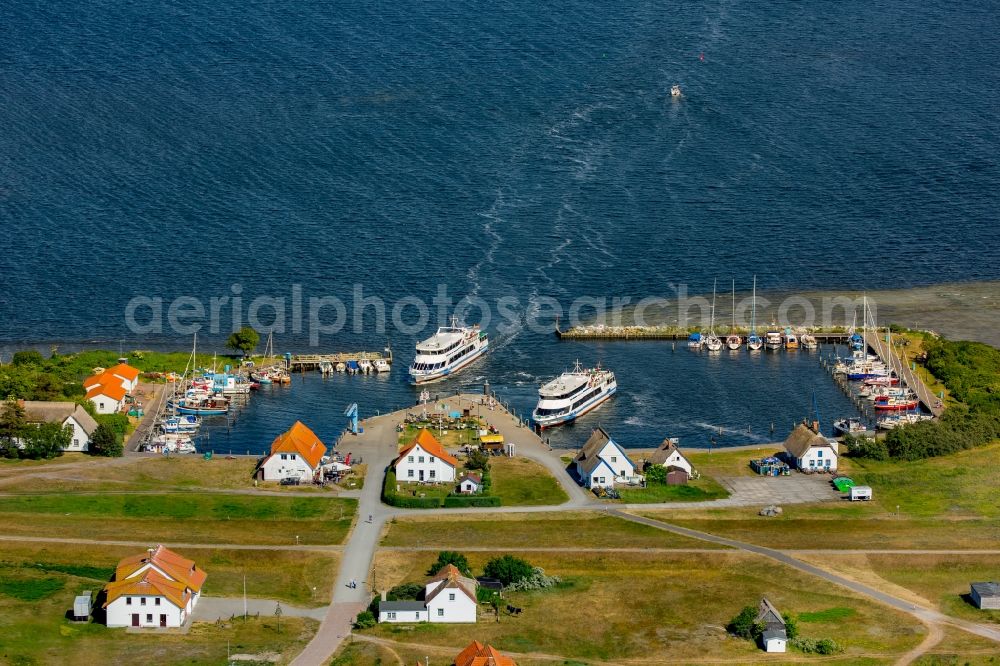 Insel Hiddensee from above - Port facilities on the seashore of the Baltic Sea in the district Neuendorf in Insel Hiddensee in the state Mecklenburg - Western Pomerania