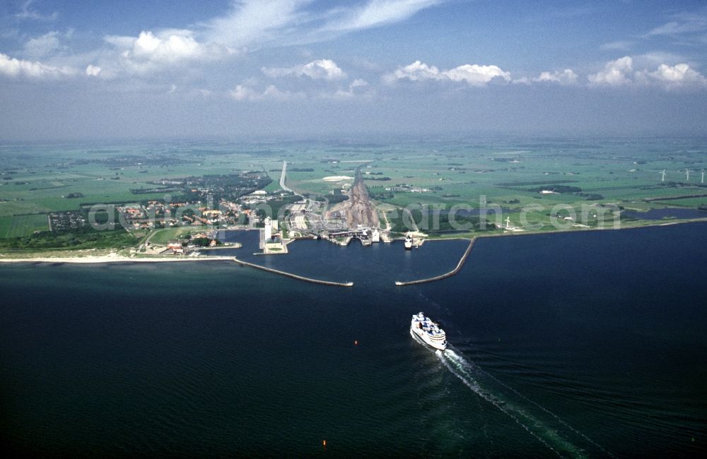 Roedby from the bird's eye view: Port facilities on the seashore of the Baltic Sea in Roedbyhavn in Denmark