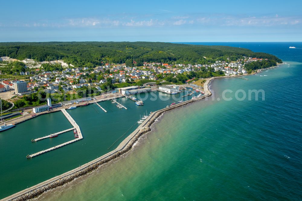 Sassnitz from the bird's eye view: Port facilities on the seashore of the Baltic Sea in Sassnitz at the baltic coast in the state Mecklenburg - Western Pomerania