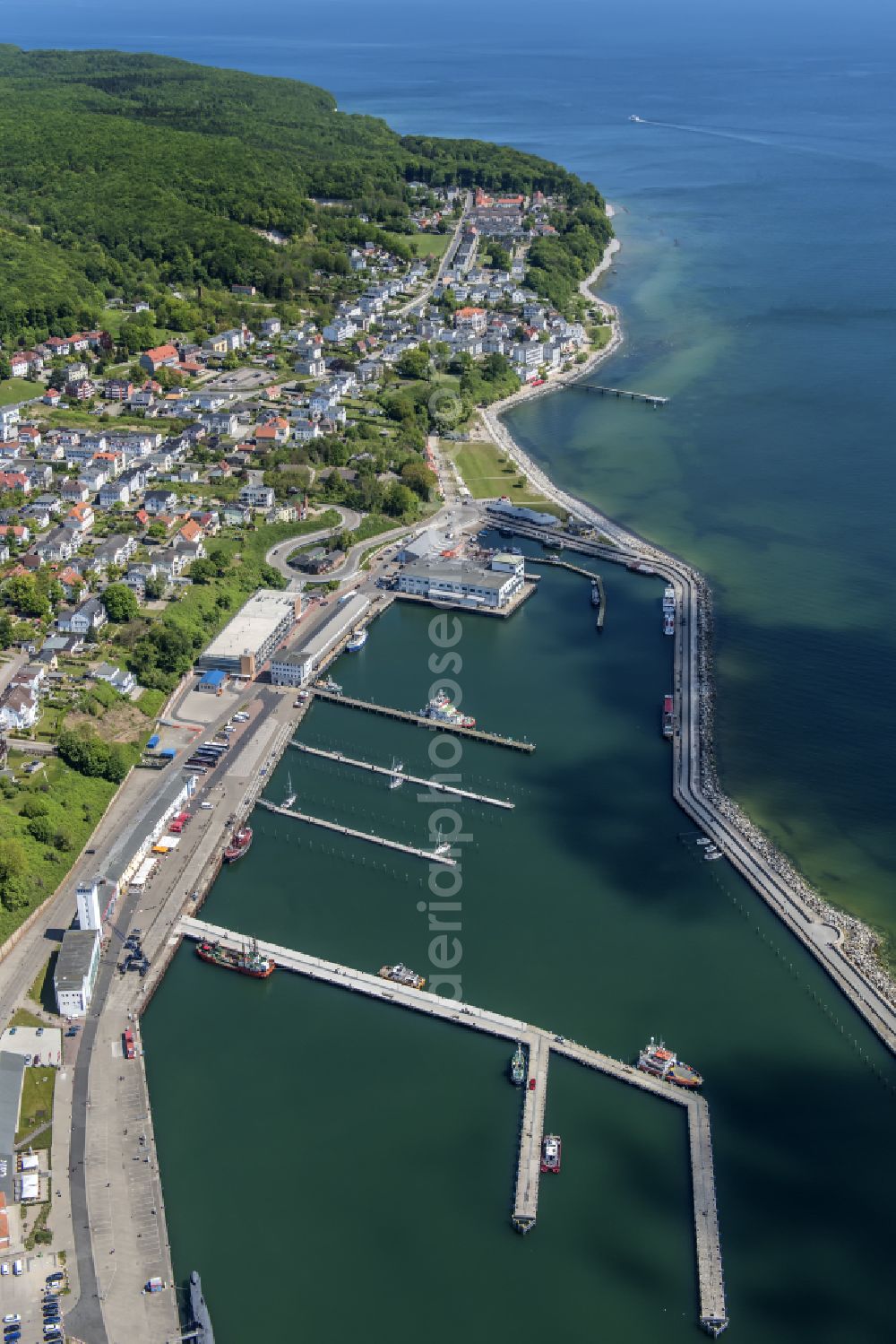 Sassnitz from the bird's eye view: Port facilities on the seashore of the Baltic Sea in Sassnitz at the baltic coast in the state Mecklenburg - Western Pomerania