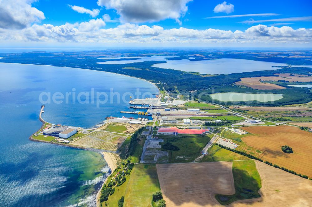 Aerial image Sassnitz - Port facilities on the seashore of the Baltic Sea on street Im Faehrhafen in the district Mukran in Sassnitz at the baltic sea coast in the state Mecklenburg - Western Pomerania, Germany