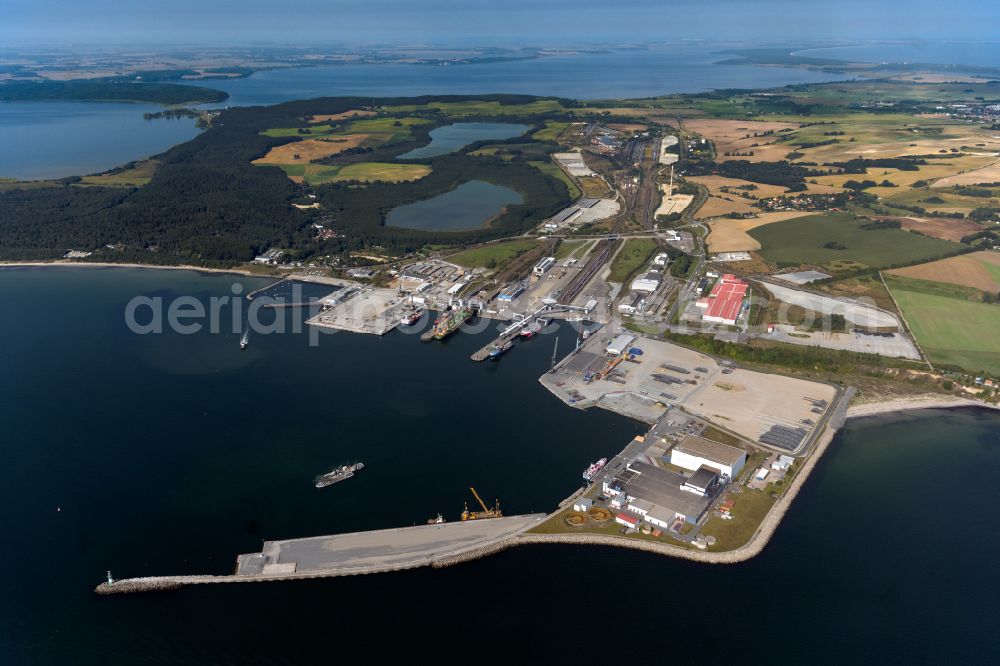 Sassnitz from above - Port facilities on the seashore of the Baltic Sea on street Im Faehrhafen in the district Mukran in Sassnitz at the baltic sea coast in the state Mecklenburg - Western Pomerania, Germany