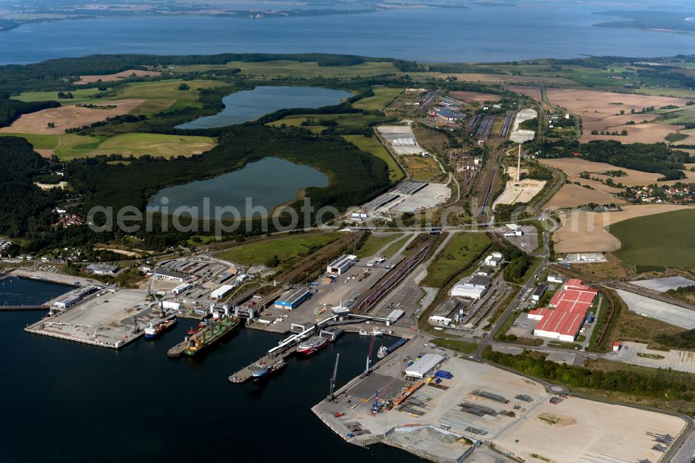 Sassnitz from above - Port facilities on the seashore of the Baltic Sea on street Im Faehrhafen in the district Mukran in Sassnitz at the baltic sea coast in the state Mecklenburg - Western Pomerania, Germany