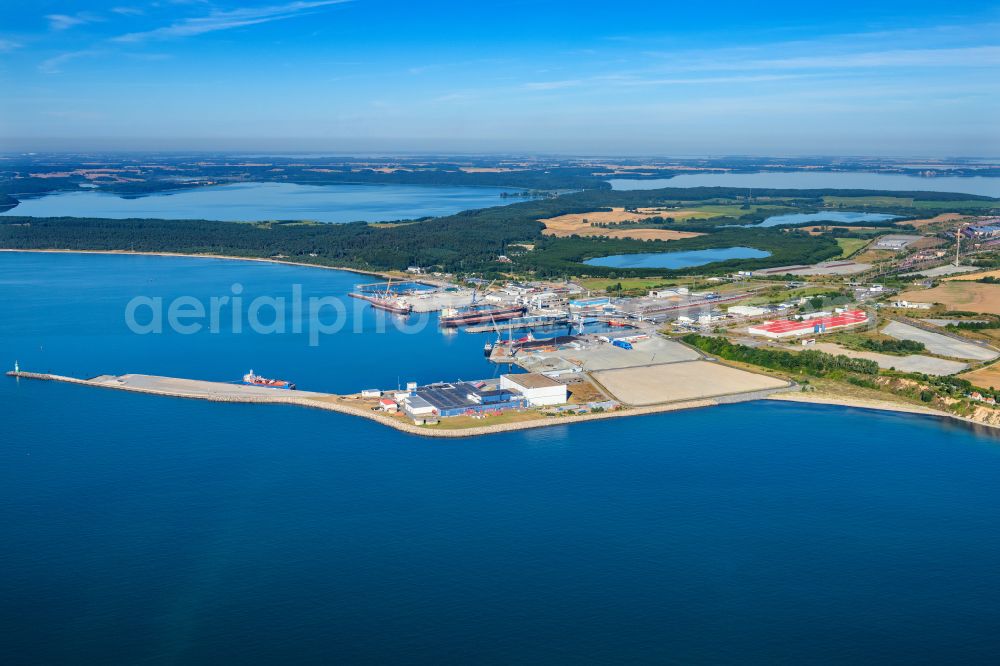 Sassnitz from above - Port facilities on the seashore of the Baltic Sea on street Im Faehrhafen in the district Mukran in Sassnitz at the baltic sea coast in the state Mecklenburg - Western Pomerania, Germany