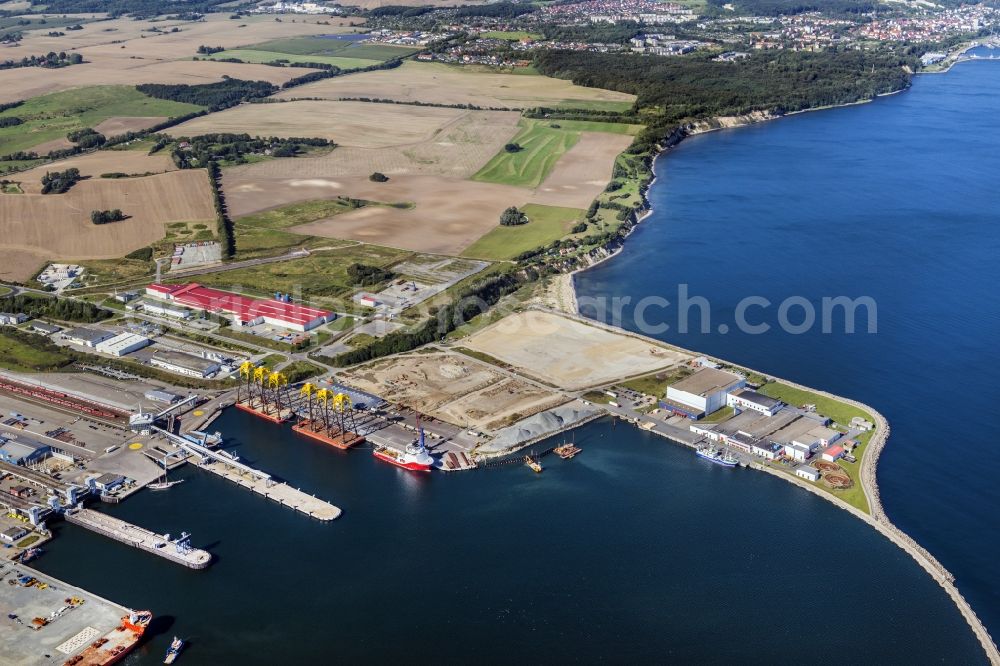 Sassnitz from above - Port facilities on the seashore of the Iland Ruegen in the district Hagen in Sassnitz in the state Mecklenburg - Western Pomerania