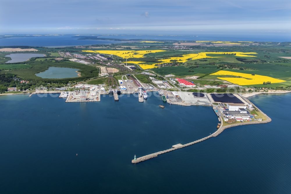 Sassnitz from above - Port facilities Nord Stream 2 Pipeline on the sea coast of the island of Ruegen operated by the Faehrhafen Sassnitz GmbH Sassnitz in the state of Mecklenburg-Vorpommern