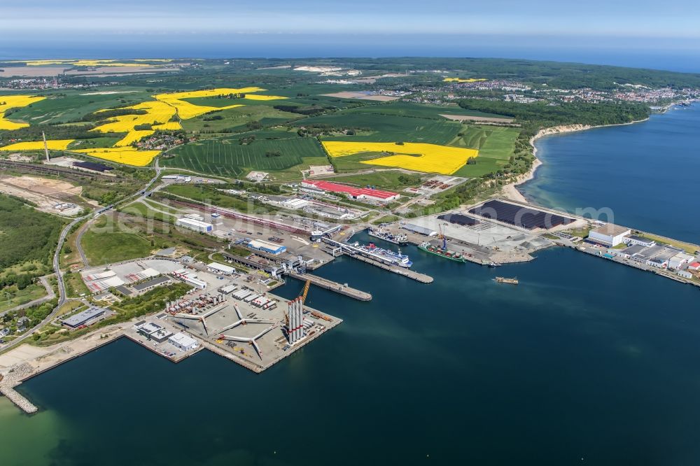 Sassnitz from the bird's eye view: Port facilities Nord Stream 2 Pipeline on the sea coast of the island of Ruegen operated by the Faehrhafen Sassnitz GmbH Sassnitz in the state of Mecklenburg-Vorpommern