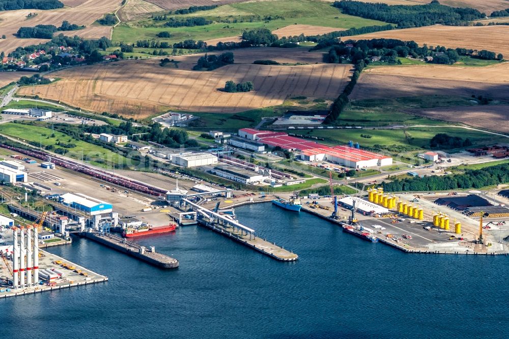 Sassnitz from the bird's eye view: Port facilities Nord Stream 2 Pipeline on the sea coast of the island of Ruegen operated by the Faehrhafen Sassnitz GmbH Sassnitz in the state of Mecklenburg-Vorpommern