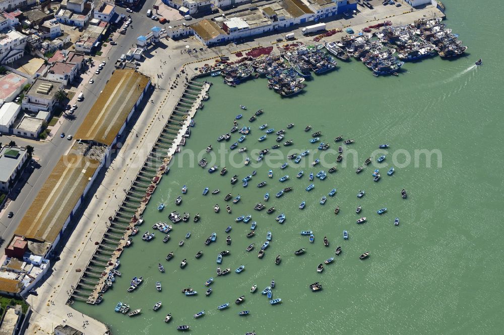 Aerial photograph Tanger - Fishing boats in the port facilities on the seashore of the Strait of Gibraltar in Tanger in Tanger-Tetouan-Al Hoceima, Morocco