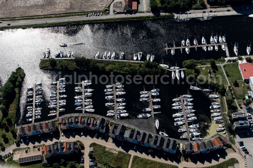 Greifswald from the bird's eye view: Port facilities near the Marina in Greifswald in the state Mecklenburg - Western Pomerania