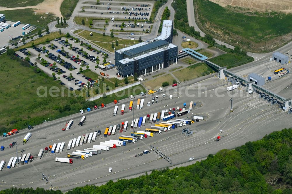 Lübeck from the bird's eye view: Port facilities on the shores of the harbor of Skandinavienkai of Luebecker Hafen-Gesellschaft mbH in the district Travemuende in Luebeck in the state Schleswig-Holstein, Germany