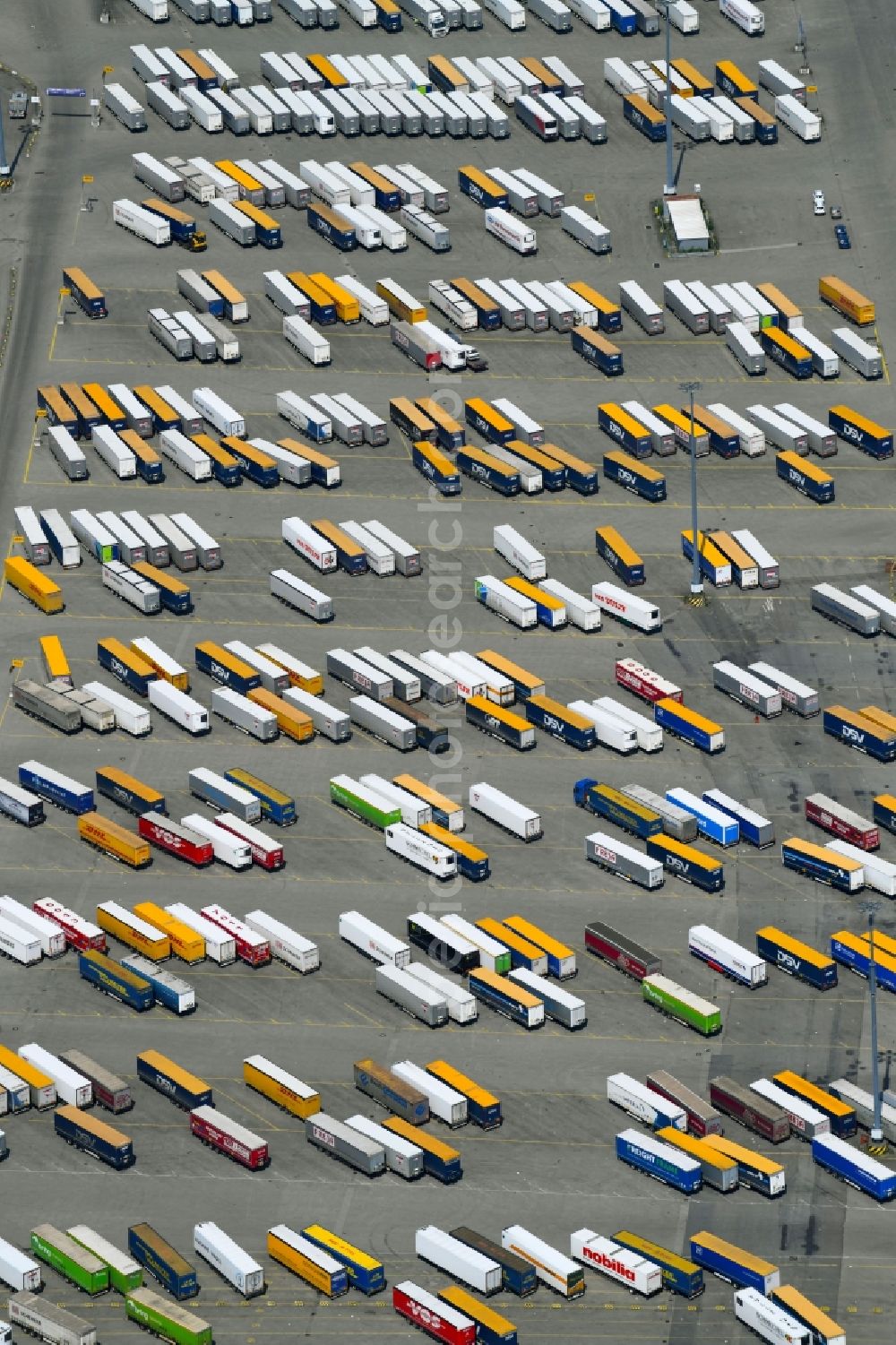 Aerial image Lübeck - Port facilities on the shores of the harbor of Skandinavienkai of Luebecker Hafen-Gesellschaft mbH in the district Travemuende in Luebeck in the state Schleswig-Holstein, Germany