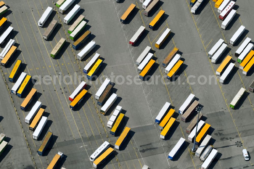 Lübeck from above - Port facilities on the shores of the harbor of Skandinavienkai of Luebecker Hafen-Gesellschaft mbH in the district Travemuende in Luebeck in the state Schleswig-Holstein, Germany