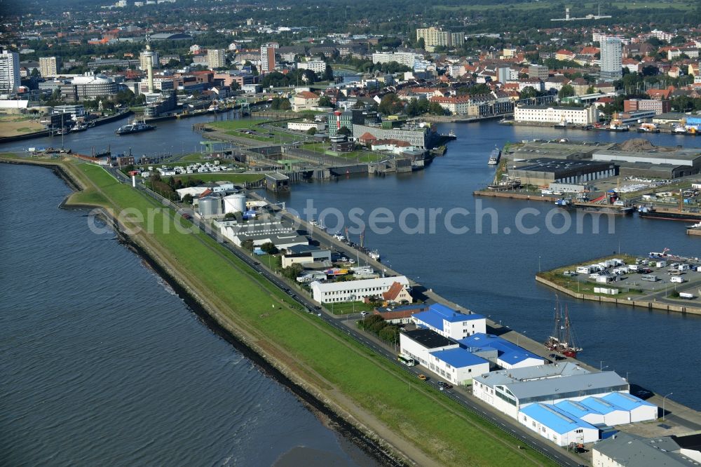 Bremerhaven from the bird's eye view: Docks and terminals with warehouses and freight forwarding and logistics companies in Bremerhaven in the state Bremen