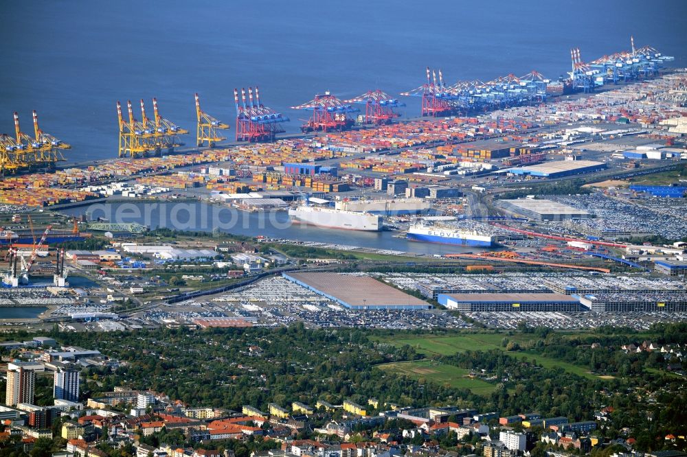 Aerial image Bremerhaven - Docks and terminals with warehouses and freight forwarding and logistics companies by the mouth of the Weser in Bremerhaven in the state Bremen