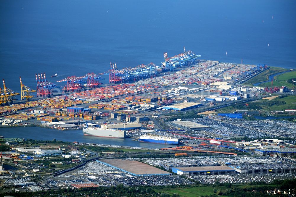 Aerial photograph Bremerhaven - Docks and terminals with warehouses and freight forwarding and logistics companies by the mouth of the Weser in Bremerhaven in the state Bremen