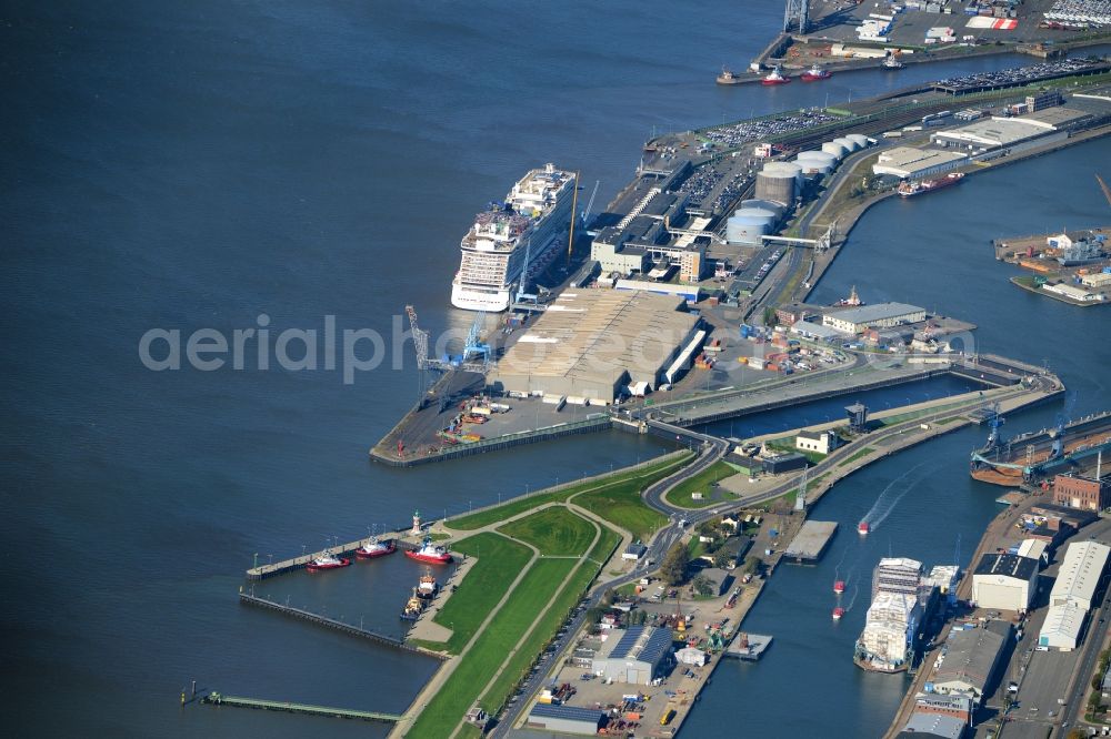 Bremerhaven from above - Docks and terminals with warehouses and freight forwarding and logistics companies by the mouth of the Weser in Bremerhaven in the state Bremen